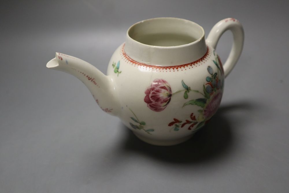 A Bow teapot and cover, two Worcester geranium moulded butterboats and a Lowestoft sparrow beak jug, jug 12cm